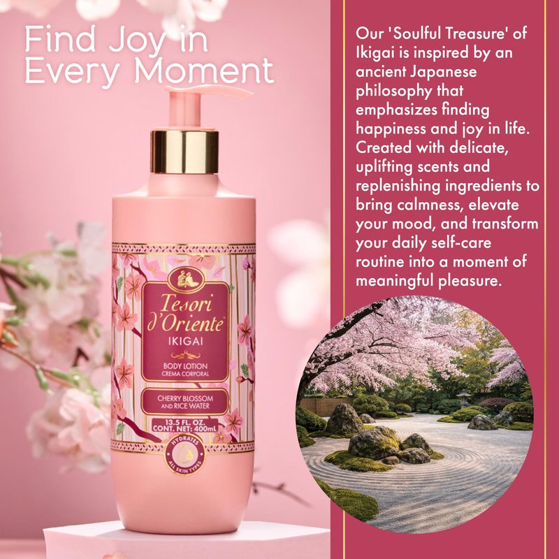 Tesori d’Oriente Ikigai Body Lotion, 13.5 fl oz, Daily Full Body Moisturizer with Rice Water and Vitamin B & E, Non-Greasy & Fast-Absorbing, Cherry Blossom Scented, All Skin Types