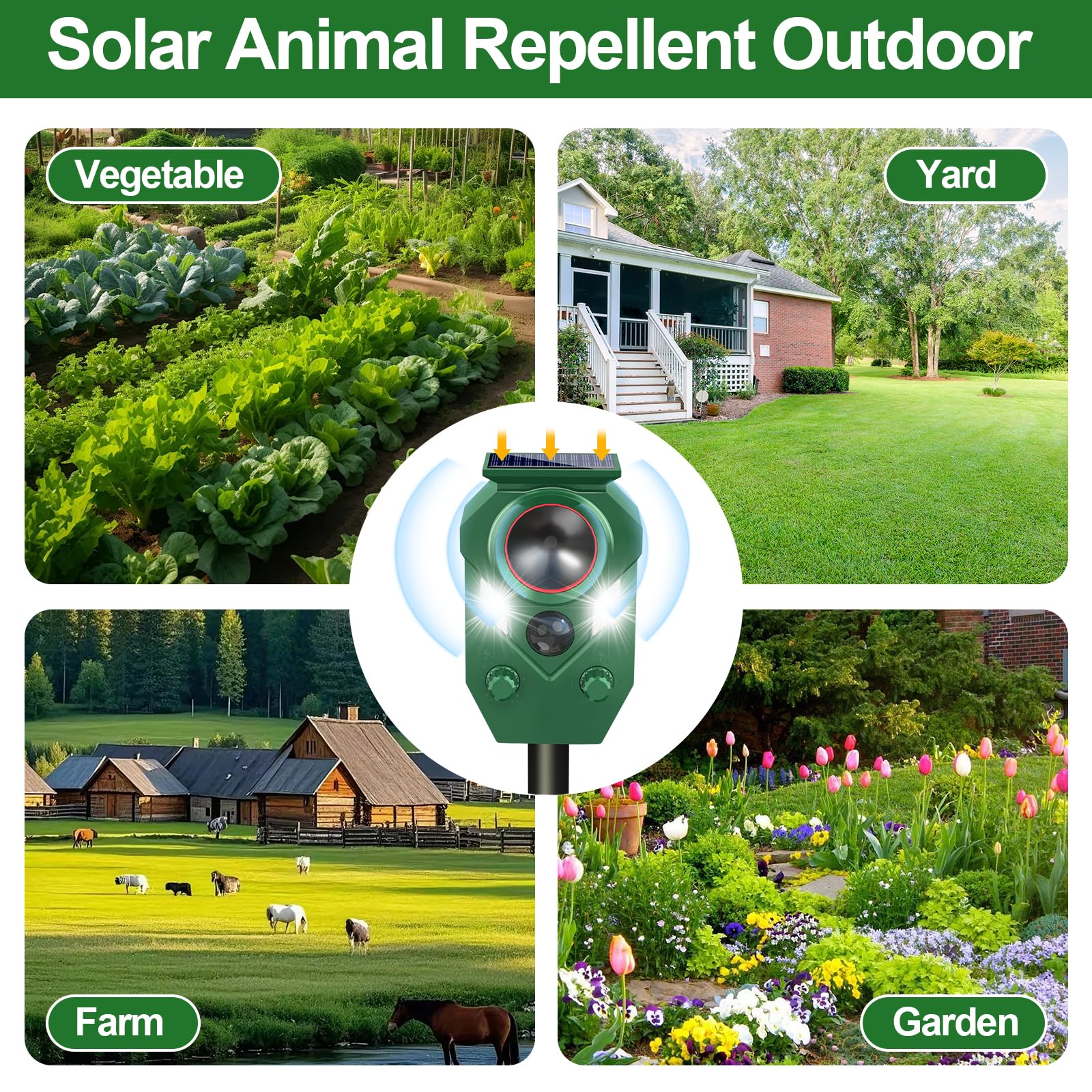 Ultrasonic Animal Repeller Outdoor - Cat Repellent & Deterrent with PIR Sensor & Flashing Light,Solar Powered Deer Repellent for Squirrels, Raccoons, Skunk,Rabbit,and Dogs, IP65 Waterproof （1 Pack）