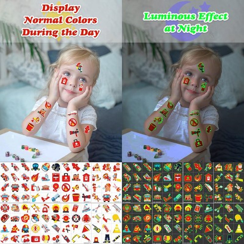 96 PCS Firefighter Firetruck Pre-Cut Luminous Glow in the dark Temporary Tattoos for Kids | Super Cute Themed Birthday Party Favors, Supplies, Decorations, Fake Tattoo Stickers Gifts for Boys Girls