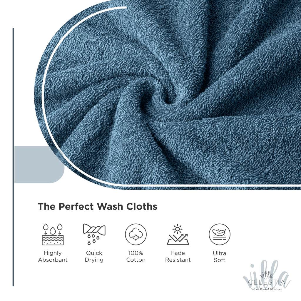 Villa Celestia Cotton Washcloths Set of 6, 12x12 Inch, 100% Ring-Spun Combed Cotton, Soft Absorbent Quick-Dry Wash Cloths for Face and Body, Oeko-TEX Certified, Hotel & Spa Quality, Blue