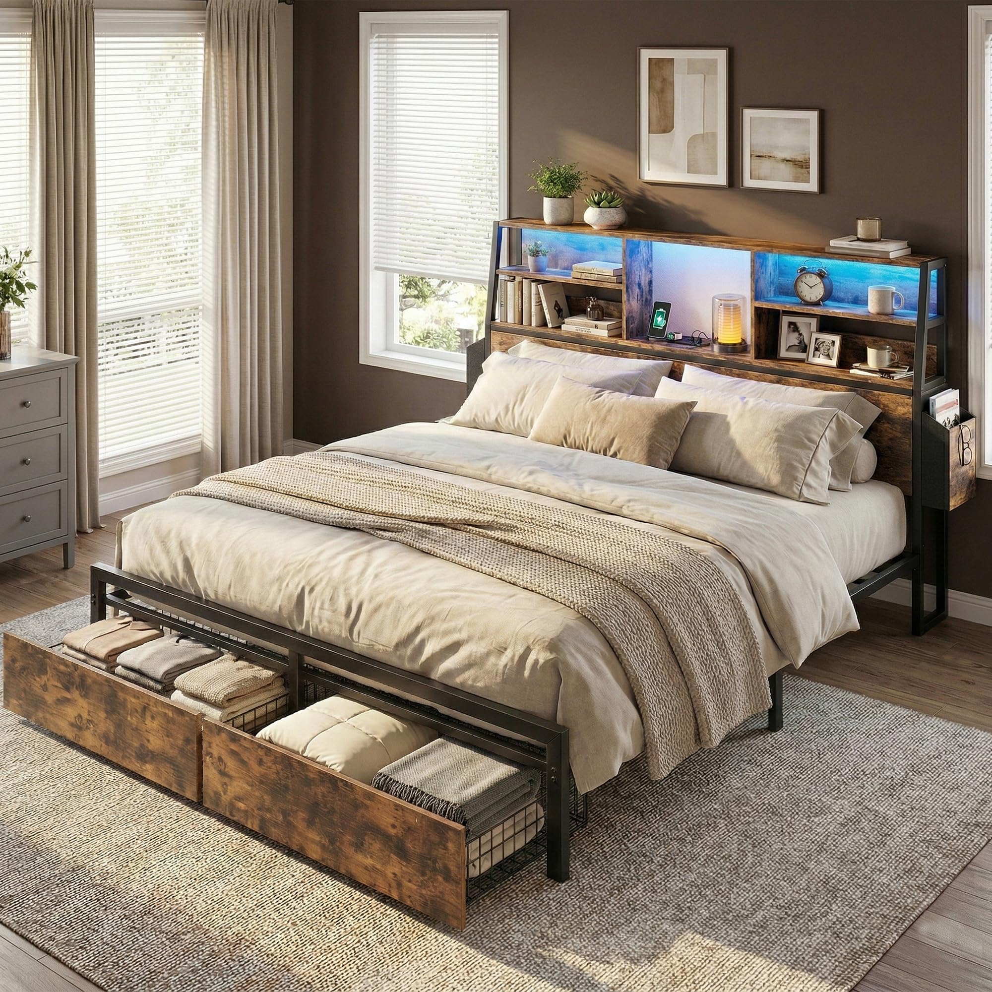 Homkdom Queen Bed Frame with 3-Tier Storage Headboard &2 Drawers,Noise-Free