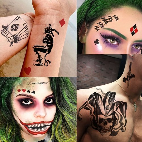 GOROMON 6 Sheets The Joker Temporary Tattoos For Halloween Makeup Kit, Suicide Squad Joker Tattoos Stickers For Women Men Adults, Damaged Tattoo Joker Hand Smile Face Poker Prisoner Costume Skull Set