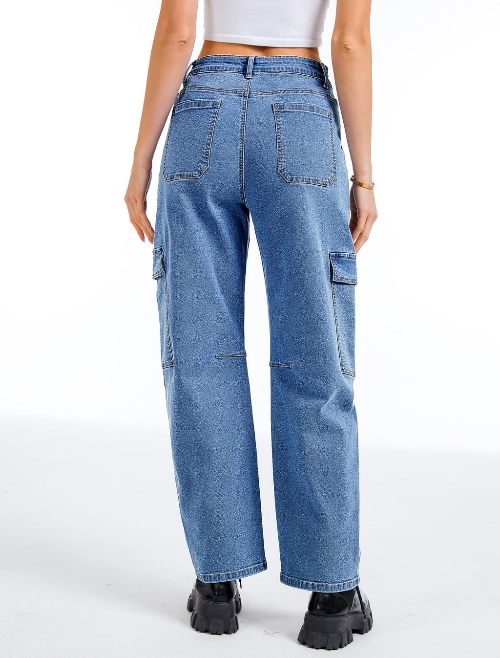 Eddoyee Barrel Jeans Women Cargo Ankle Pants Wide Leg High Waisted Casual Baggy Utility Denim Trousers with 6 Pockets