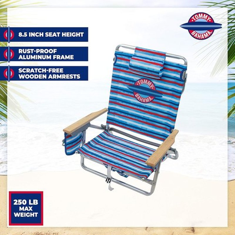 Tommy Bahama Folding Beach Chair - 5-Position Classic Lay Flat Design | Aluminum, Red, White & Blue Stripe