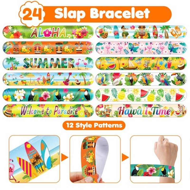 Cherisnowy 48PCS Hawaiian Party Set - 24PCS Temporary Tattoos & 24PCS Slap Bracelets - Summer-Themed Birthday Supplies, Baby Shower Gifts, Classroom Rewards & Party Decor for Kids (Boys & Girls)