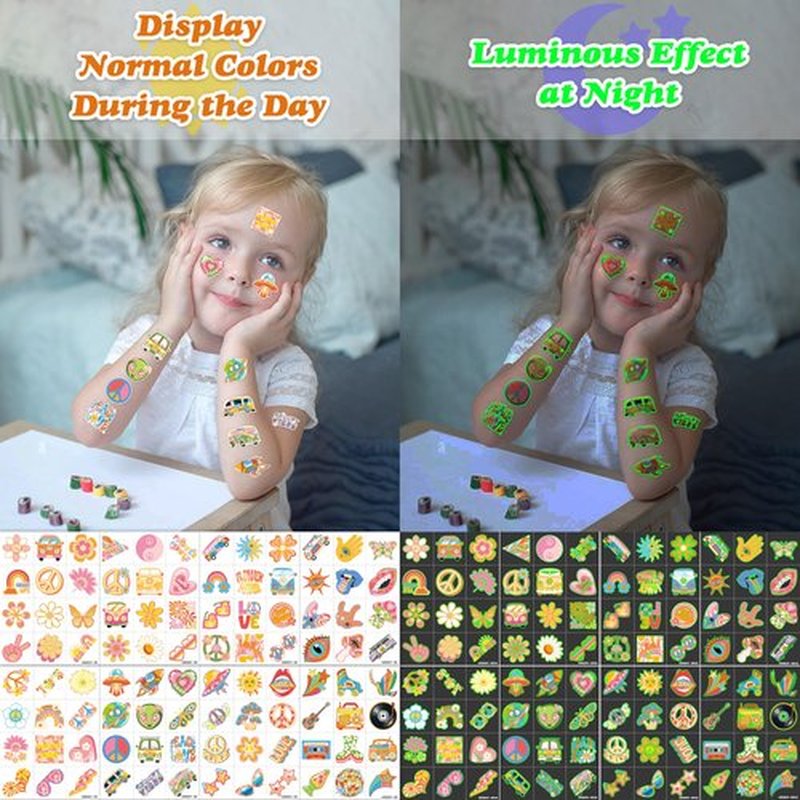 96 PCS Two Groovy Retro 60s 70s Pre-Cut Luminous Glow in the dark Temporary Tattoos for Kids | Super Cute Themed Birthday Party Favors, Supplies, Decorations, Fake Tattoo Stickers Gifts for Boys Girls