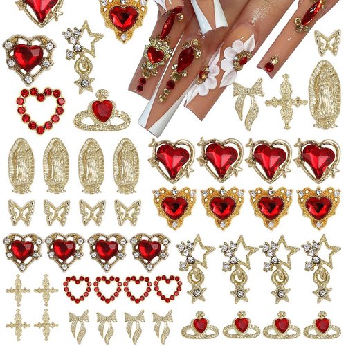 Gold Nail Charms - 40PCS 3D Gold Bows, Red Rhinestones & Cross Virgin Mary Charms for Y2K Nail Art | Birthday Gifts, DIY Manicure Supplies (Cute Metal & Rhinestone Mix)