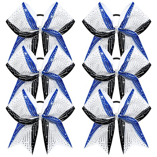 DEEKA 6PCS 8" Large Glitter Royal Blue and Black White Cheer Bows 3 Toned Rhinestones Stiff Cheer Hair Bows Elastic Band Competition Bows for Cheerleader Team Girls Sports -Royal Blue/Black/White