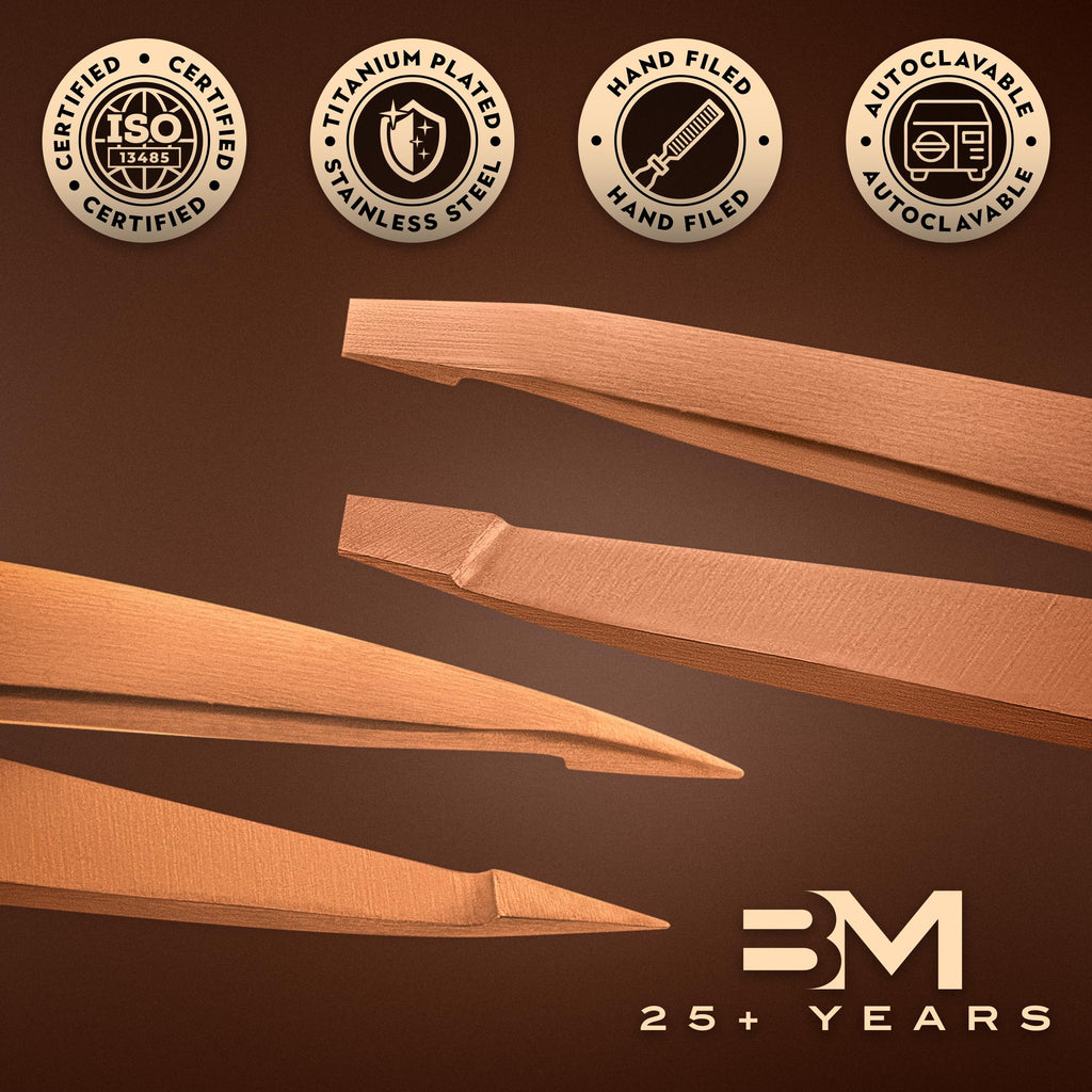 By MILLY Precision Tweezers Set | Titanium Series | Slanted and Pointed Tip Tweezers Kit | Aligned & Hand-Filed Tweezer Set Professional | Hair Removal & Eyebrow Tweezers | Rose Gold
