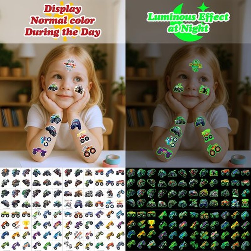 96PCS Monster Truck Pre-Cut Temporary Tattoos for Kids - Super Cute Birthday Party Supplies, Favors, and Decorations - Fake Tattoos Stickers for Boys, School Rewards, and Gifts (Glow in the dark)