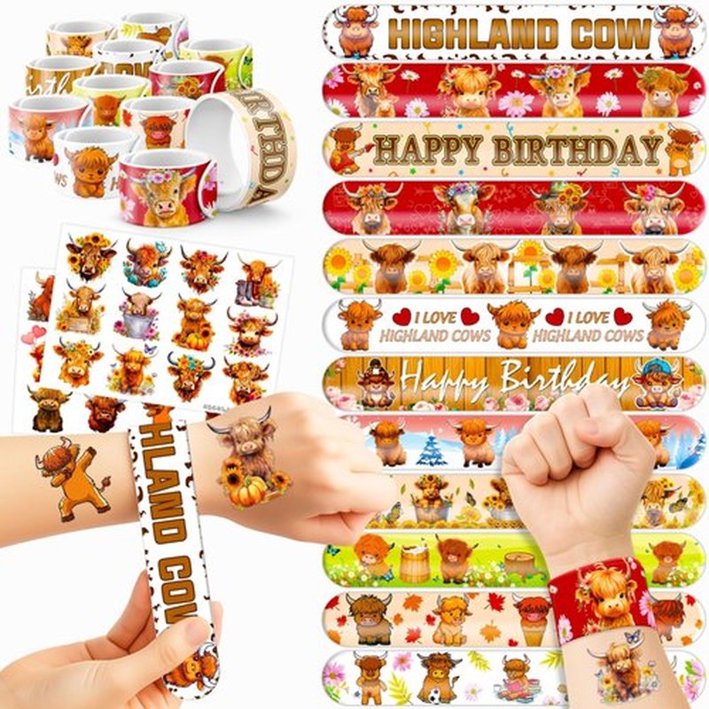Cherisnowy 48PCS Highland Cow Party Set - 24PCS Temporary Tattoos & 24PCS Slap Bracelets - Farm-Themed Birthday Supplies, Baby Shower Gifts, Classroom Rewards & Party Decor for Kids (Boys & Girls)