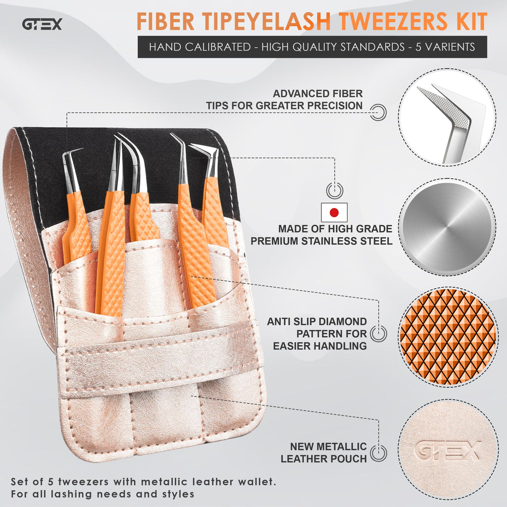 GTEX Fiber Tip Lash Tweezers For Eyelash Extension Set of 5, Professional Eyelash Tweezers For Lash Extensions - 90 45 Degree Curved Volume Tweezer Orange