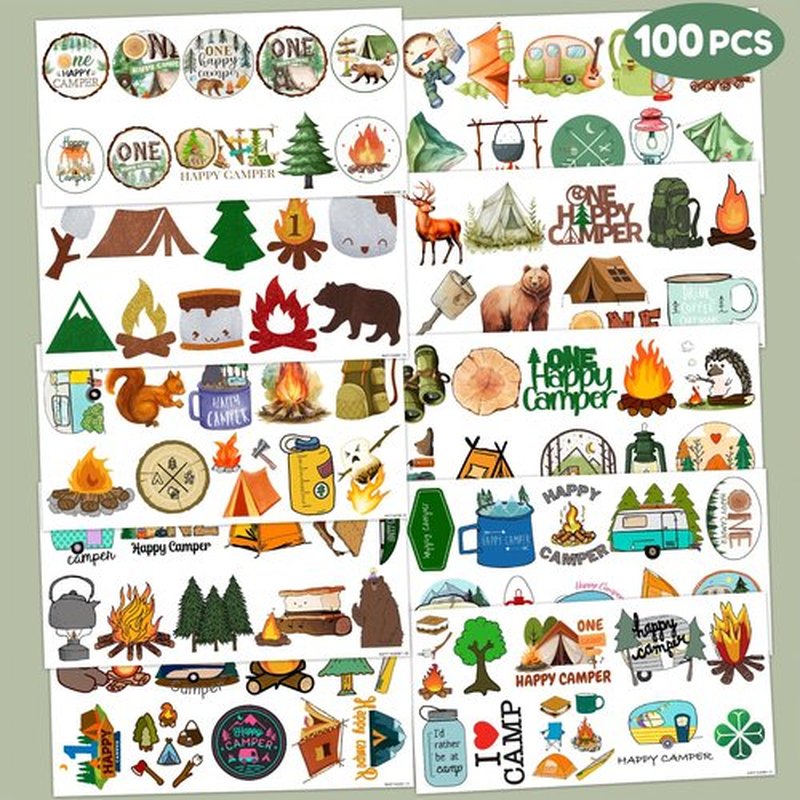 Cute Camper Temporary Tattoos Camping First Birthday Party Decorations Favors Supplies 1st Themed Stickers 10 Sheets 100 PCS Gifts for Baby Kids Girls Boys Decor Class School Carnival Christmas