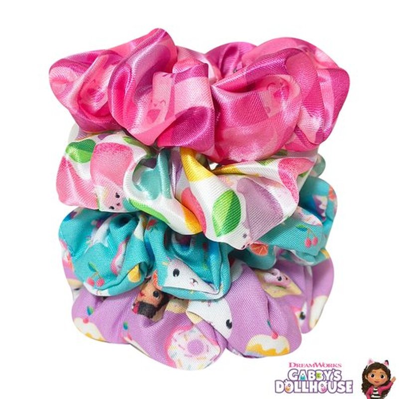 LUV HER Gabby's Dollhouse Cute Scrunchies for Girls of All Ages - 4 Large Hair Scrunchies - 4 Printed Scrunchies with Your Favorite Characters - Hair Accessories for girls 3+