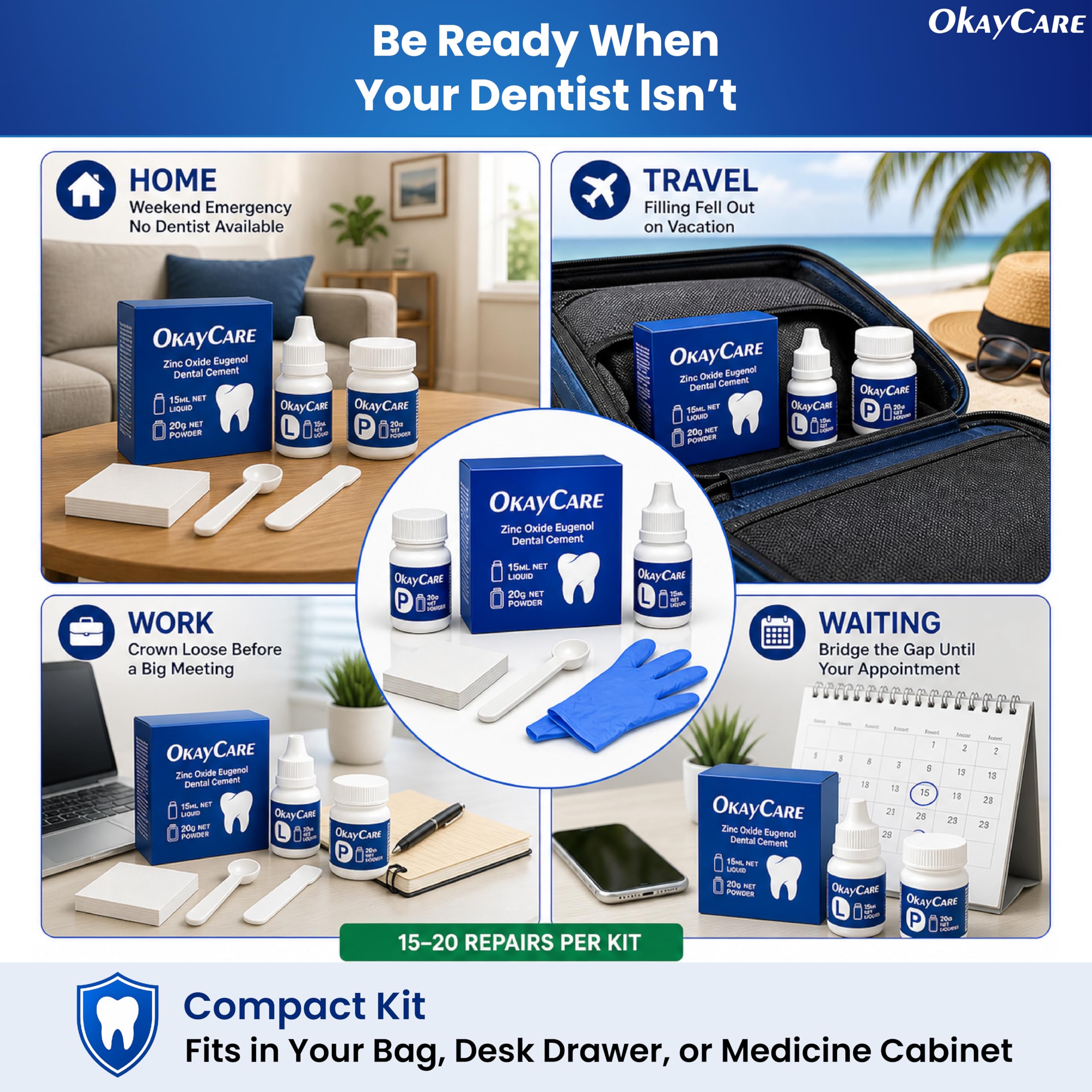 Zinc Oxide Eugenol Dental Cement Kit – Instant Tooth Repair, Cap, Crown & Bridge Filling | Ultra Strong & Pulp-Soothing Formula | Long Lasting - Easy Mix-and-Use Dental Adhesive for DIY, Home & Clinic