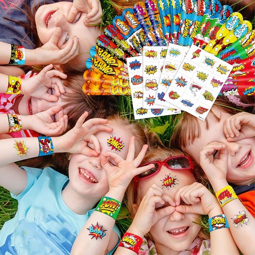 Cherisnowy 72PCS Hero Party Set - 48PCS Temporary Tattoos & 24PCS Slap Bracelets - Themed Pow Birthday Supplies, Baby Shower Gifts, Classroom Rewards & Party Decor for Kids
