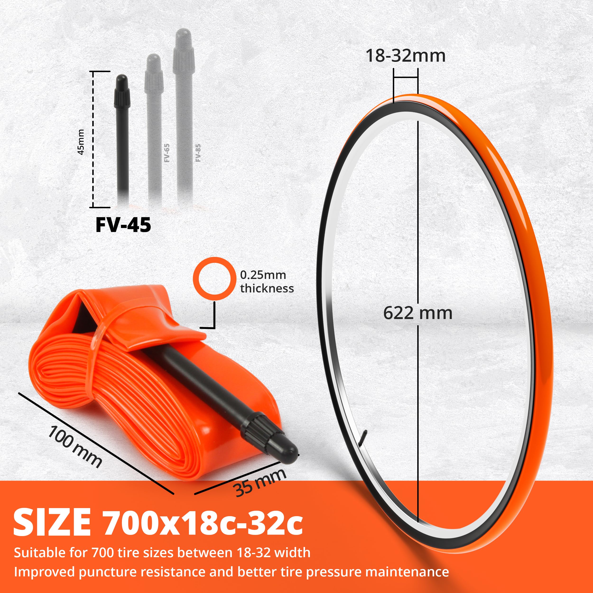 IMPALAPRO Ultralight Road Bike TPU Inner Tube 700C 35g 0.25mm Thick Compatible with 700x18/23/25/28/30/32C Presta Valve 45/65/85mm -Bicycle Inner Tube 700C - TPU Tubes (1Pc - Val 45mm 35g)