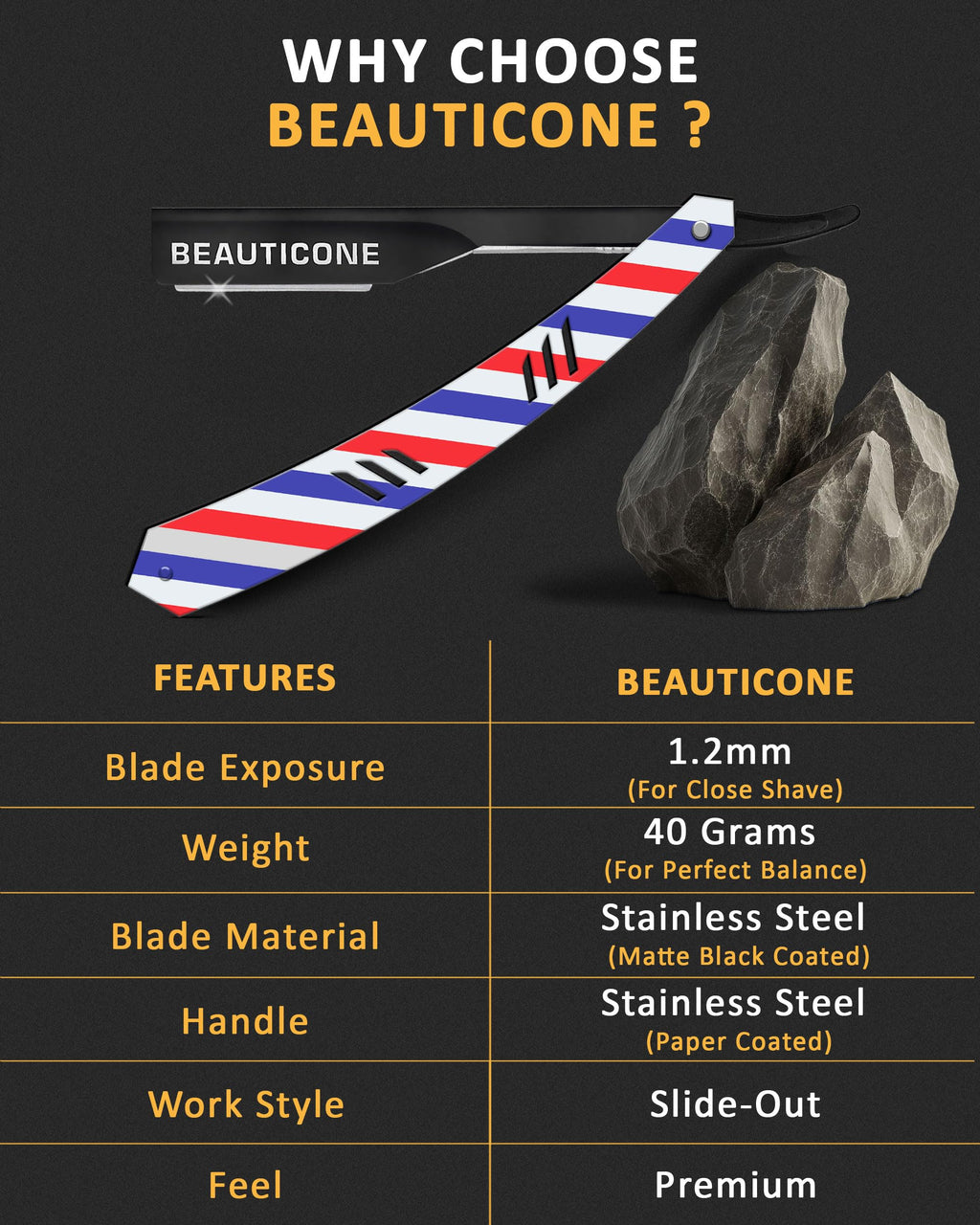 BEAUTICONE Barber Straight Razor for Men – Professional Shavette with Slide-Out Blade Holder, 100 Stainless Steel Blades Included, Cut Throat Razor, Pole Stripe