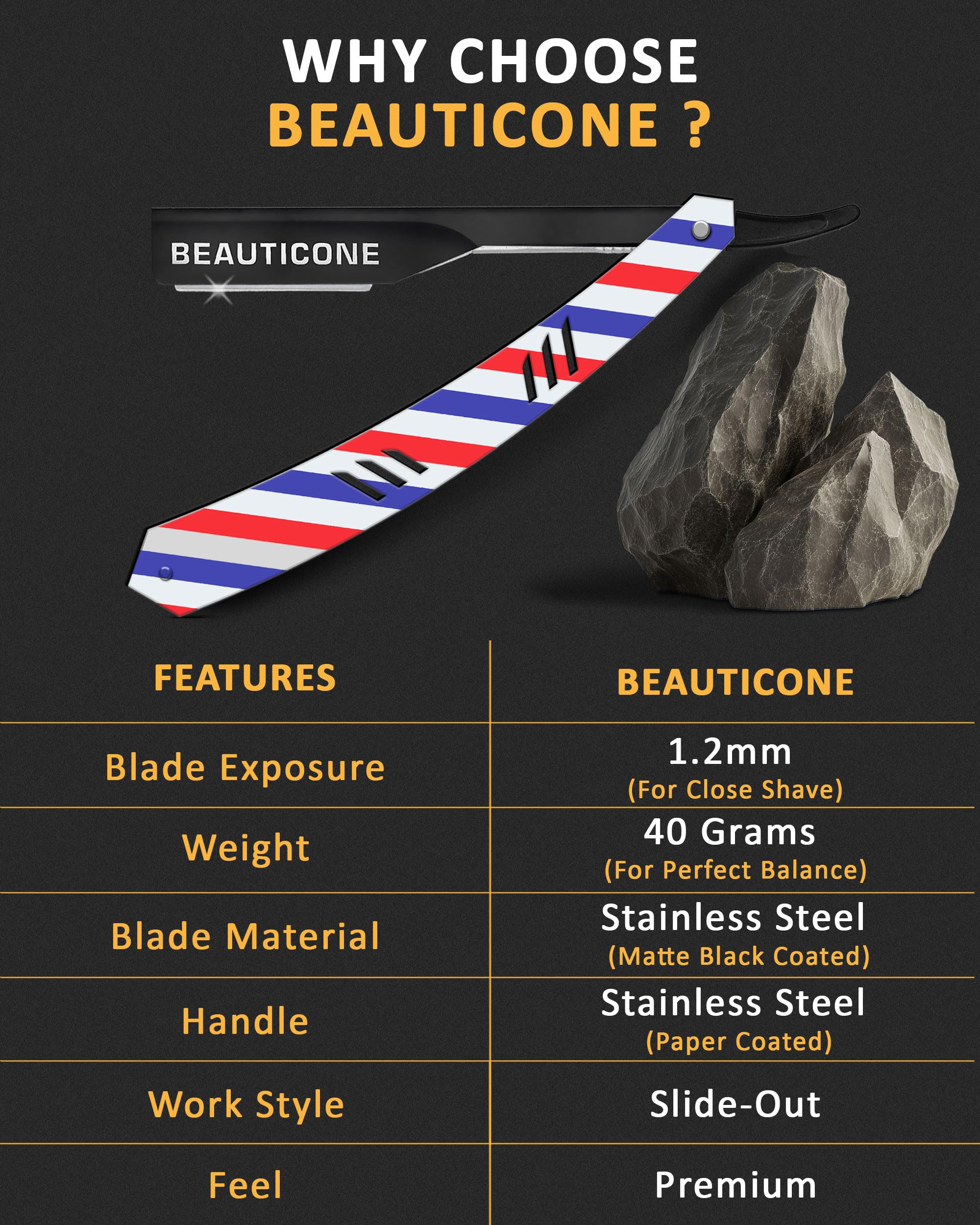 BEAUTICONE Barber Straight Razor for Men – Professional Shavette with Slide-Out Blade Holder, 100 Stainless Steel Blades Included, Cut Throat Razor, Pole Stripe