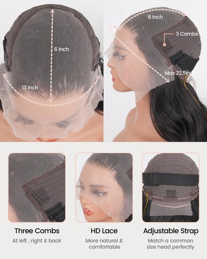 Cemuto Light Yaki Body Wave Wigs 13x6 Synthetic HD Transparent Invisible Lace Front Wig Double Texture Kinky Straight and Body Wave as Human Hair 180% Density 22inch Nature Black