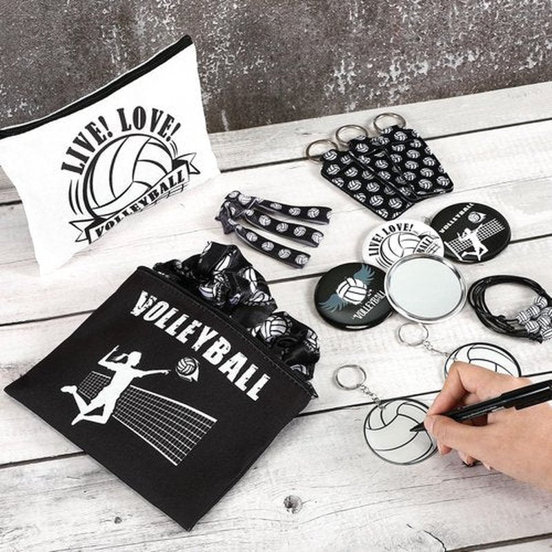 Dansydaisy 96 Pcs Volleyball Party Favors Include 12 Volleyball Cosmetic Bag 12 Drawstring Backpack 12 Hair Scrunchies 12 Hair Ties 12 Bracelets 12 Compact Mirror 12 Keychain 12 Lipstick Holder