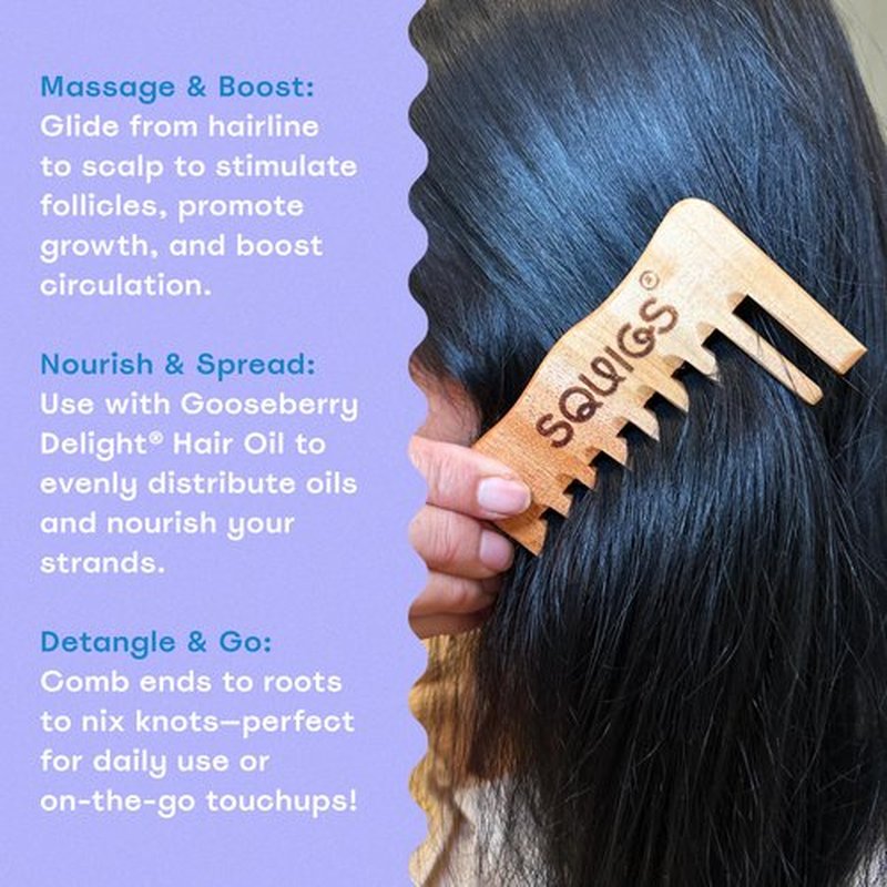 Squigs Beauty Neem Wooden Comb for Women & Men – Handcrafted Pocket-Sized Wide-Tooth Comb for Hair Detangling, Scalp Massage, Oil Distribution & Anti-Breakage – Pure Neem Wood for Hair Growth