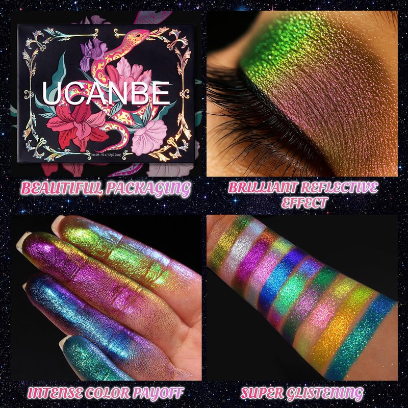UCANBE Chameleon Multichrome Eyeshadow Palette, 10 Colors Shifting Chromatic Light-Reflecting Metallic Eye Shadow, Multi-Use Blendable Holographic Glitter Shimmer Eye Makeup Pallet (Solar Python)