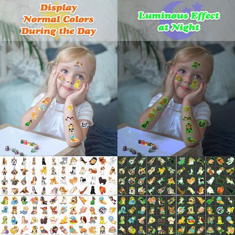 96 PCS Dog Pet Pre-Cut Luminous Glow in the dark Temporary Tattoos for Kids | Super Cute First Themed Birthday Party Favors, Supplies, Decorations, Animal Fake Tattoo Stickers Gifts for Boys Girls