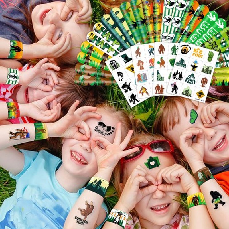 72PCS Bigfoot Party Set | 48PCS Temporary Tattoos & 24PCS Slap Bracelets | Fun Sasquatch-Themed Birthday Supplies, Baby Shower Gifts, Classroom Rewards & Party Decorations for Kids (Boys & Girls)