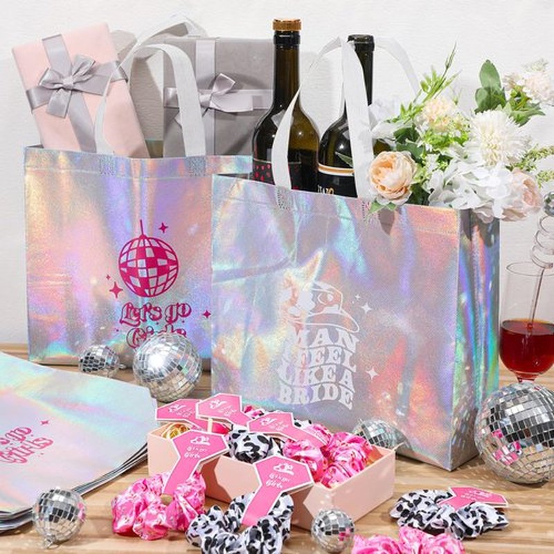 Norme 24 Pcs Let's Go Bachelorette Gift Set 12 Western Disco Bachelorette Bags 12 Hair Scrunchies Western Cow Print Ties Ropes for Bridal Disco Wedding Party Favors