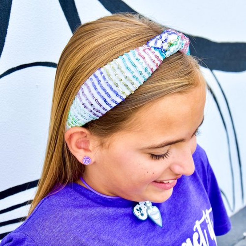 FROG SAC Knot Headband for Girls, Knotted Hair Bands for Kids, Sparkly Girl Hair Accessories (White-Sequin)