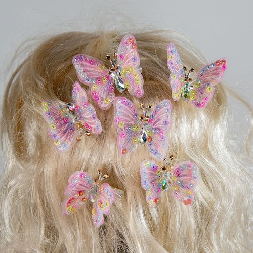 Cartanfill-Embroidery Butterfly Hair Clips Set 6pc Multi Color Stylish Accessories for Girls (A)