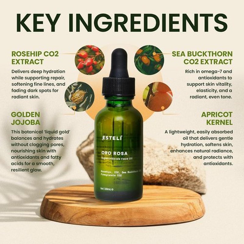 ESTELÍ Oro Rosa Supercriticals Face Oil - Antioxidant-Rich Hydrating Essence with Rosehip & Sea Buckthorn - Vegan & Fast-Absorbing