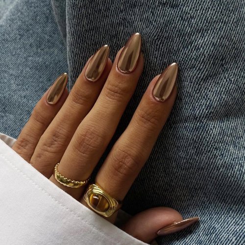 Bronze Chrome Press on Nails Medium Almond, KQueenest Metallic Brown Acrylic Fake Nails Medium Stiletto, Glitter Glue on Nails for Women Fall Winter Wear, Glossy False Nails Press ons in 24 Pcs