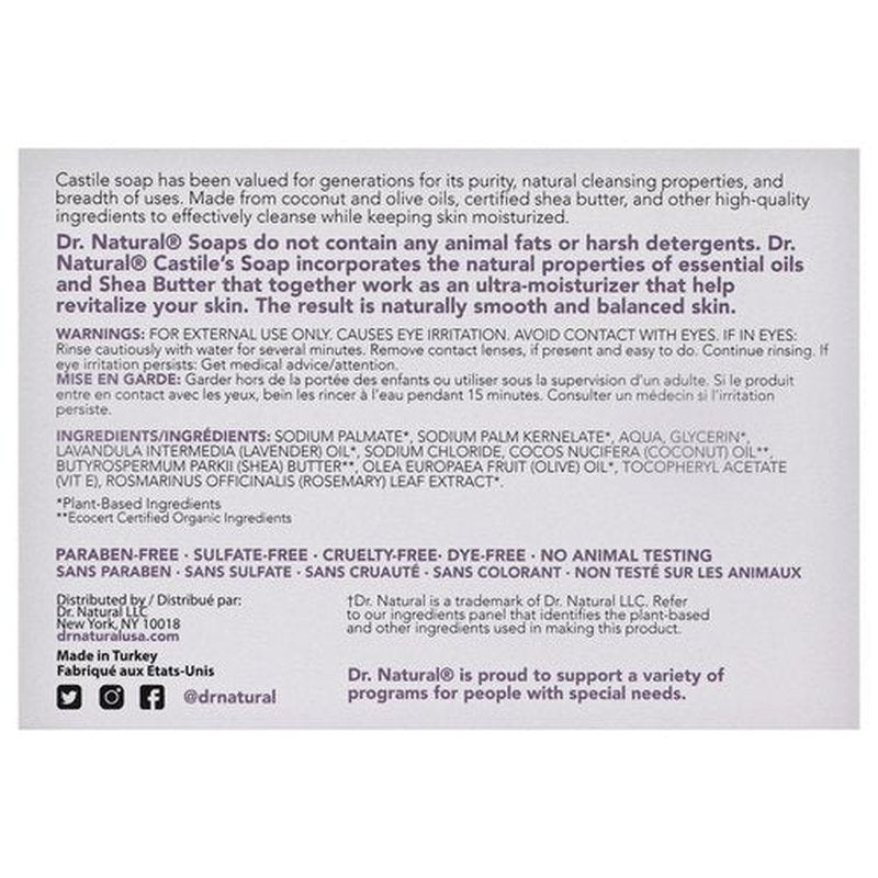 Dr. Natural Castile Bar Soap - Multipurpose Soap Bar with Anti-Acne Properties - For Face, Body and Hair - Sensitive Skin Body Wash - Lavender - 5 oz