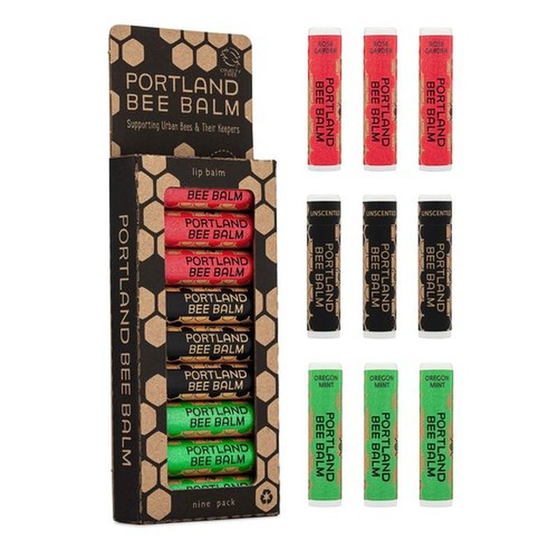 Portland Bee Balm All Natural Handmade Beeswax Based Lip Balm Unscented, Oregon Mint and Rose Assortment 9 Count