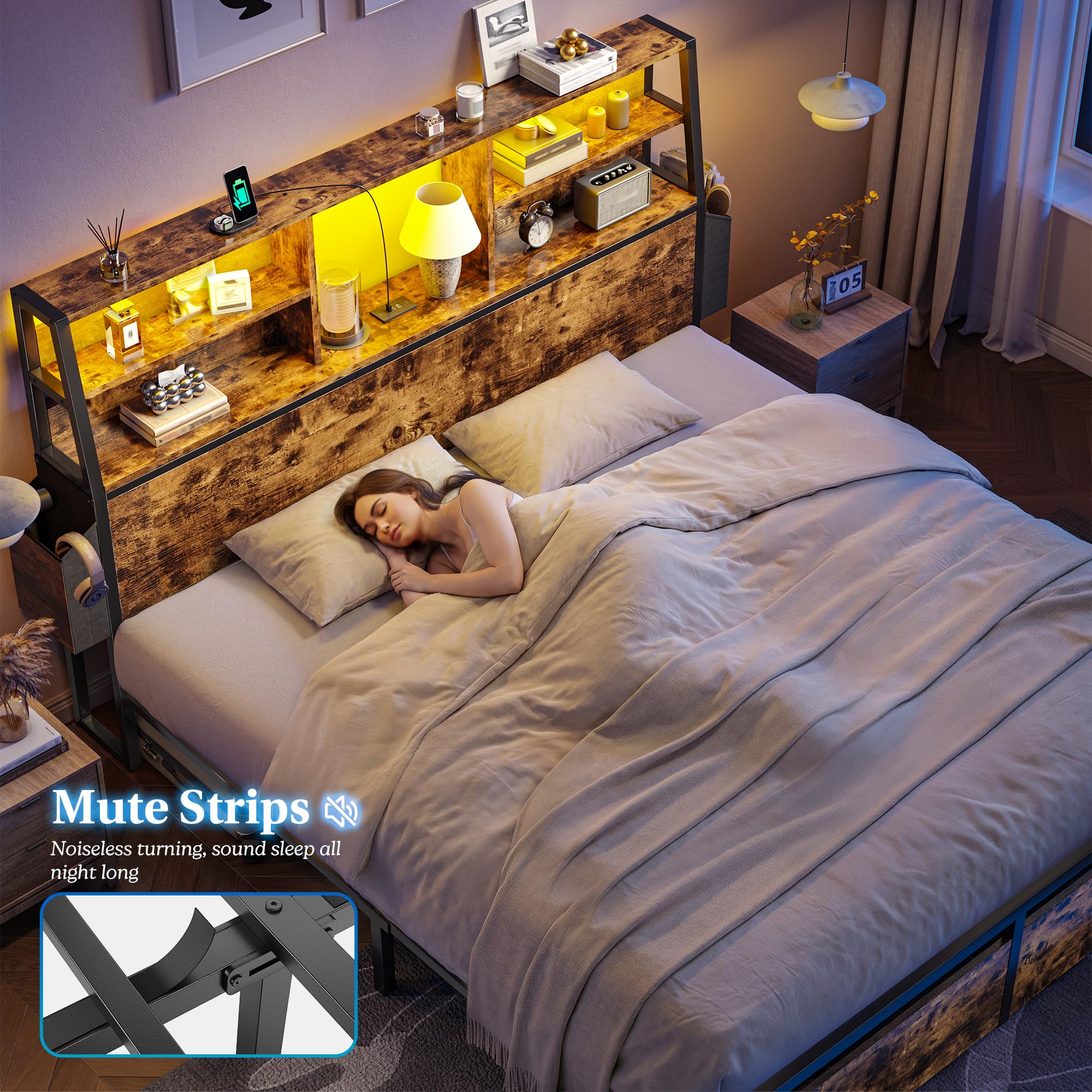 Homkdom Queen Bed Frame with 3-Tier Storage Headboard &2 Drawers,Noise-Free