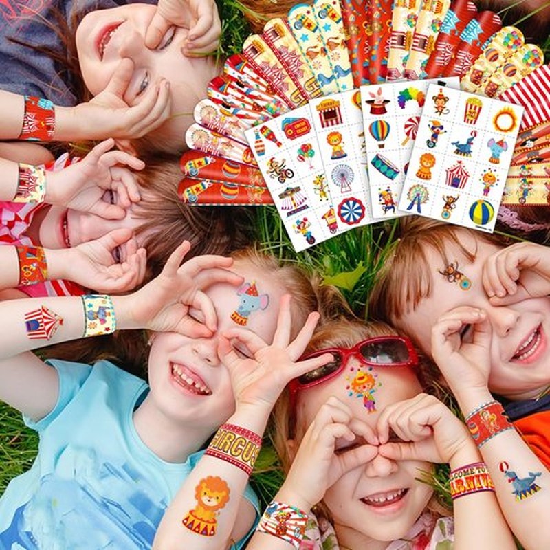 Cherisnowy 72PCS Carnival Party Set 48PCS Temporary Tattoos & 24PCS Slap Bracelets Fun Circus Themed Birthday Supplies, Baby Shower Gifts, Classroom Rewards & Party Decor for Kids Boys & Girls