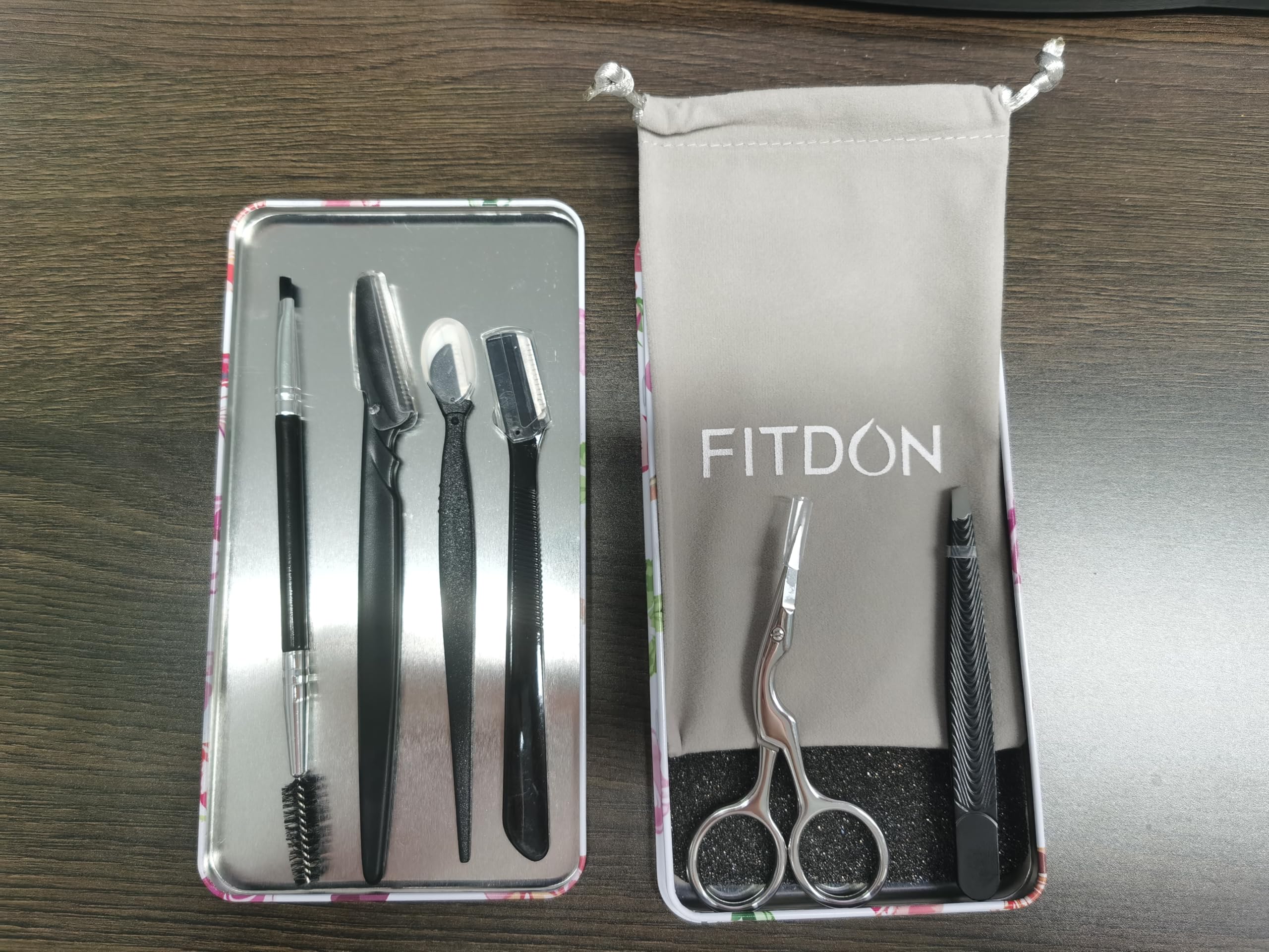 FITDON Eyebrow Grooming Set, Eyebrow Tweezers & Curved Brow Scissors & 3PCS Brow Razors Trimmer & Eyebrow Brush with Spoolie