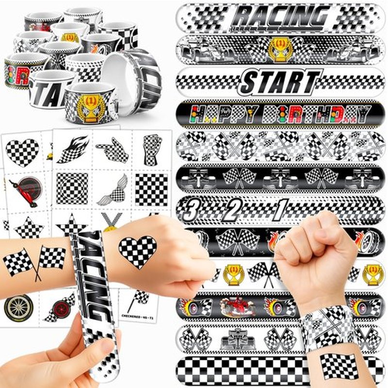 72PCS Checkered Flag Party Set - 48PCS Temporary Tattoos & 24PCS Slap Bracelets - Racing-Themed Birthday Supplies, Baby Shower Gifts, Classroom Rewards & Party Decor
