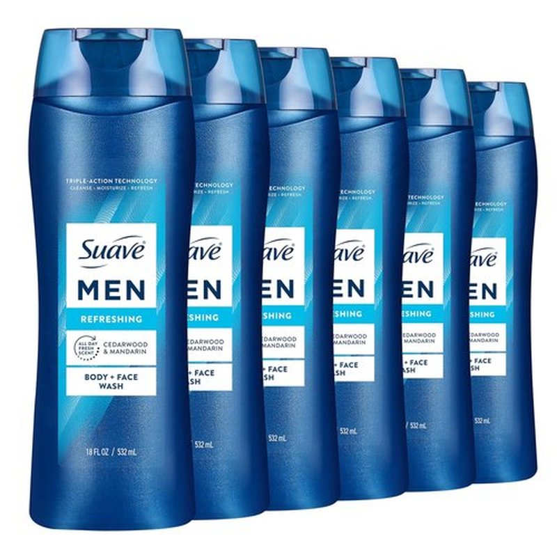 Suave Men Moisturizing Body & Face Wash - Cedarwood & Mandarin Scent | Paraben-Free, 18 Oz (Pack of 6)
