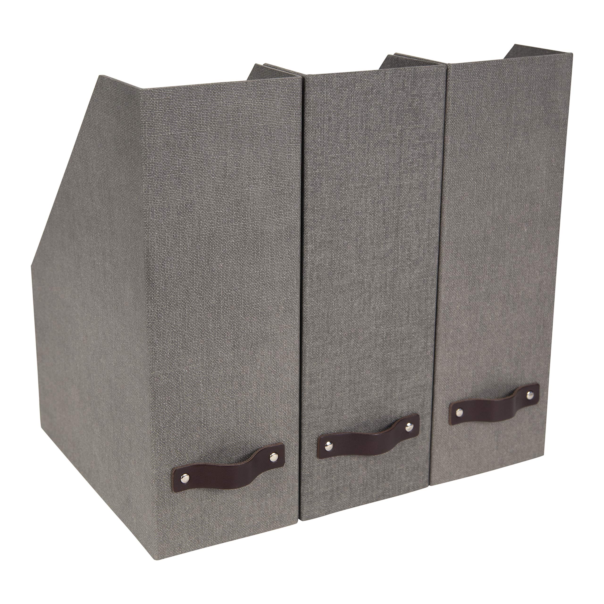 Bigso Box of Sweden Estelle Canvas Fiberboard Upright Magazine Storage Box Organizer for Papers & Catalogs w/Leather Handle | Magazine File Holder for Office Desks | 12.6" x 4.5" x 9.8" | Gray