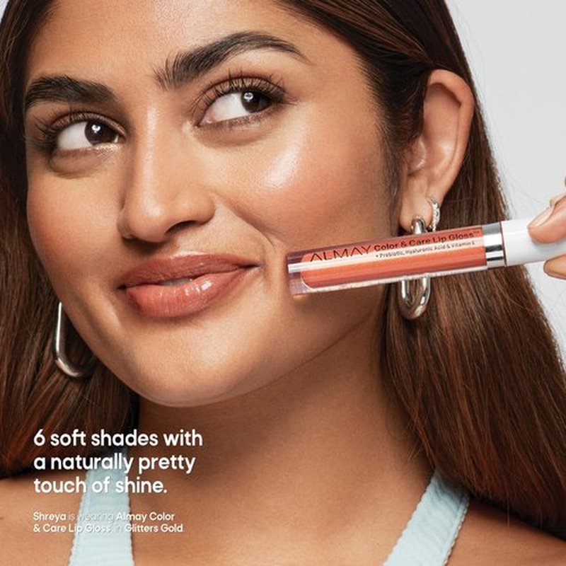 Almay Color & Care Hydrating Lip Gloss, Soft Natural Hues, Prebiotic Complex, Hyaluronic Filling-Sphere Technology, 300 Glitters Gold, 0.1 Fl Oz (Pack of 2)