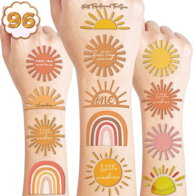 100PCS Boho Sunshine Sun Temporary Tattoos Themed Birthday Party Decorations Favors Supplies Decor Hello Sunshine Sunset Stickers Cute Gifts for Game Kids Boys Girls Class Prizes Carnival
