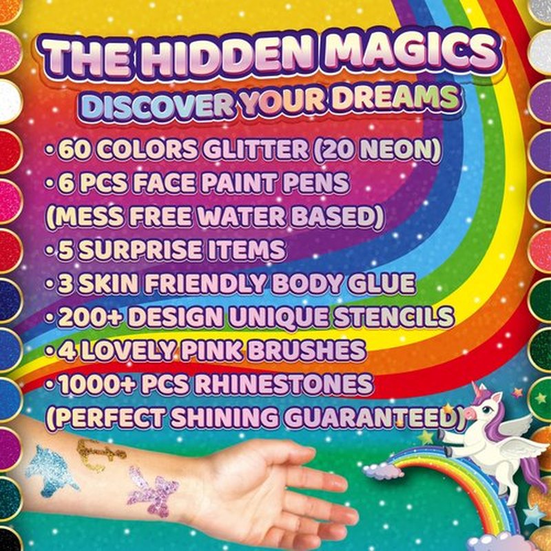 60 Colour – Glitter Tattoos for Kids, Glitter Tattoo Kit, Temporary Tattoos for kids, 200+ Stencils, 60 Colour (20 Neon), 6 PCS Face Paint, 1000+ Rhinestones, Surprise Gift Items