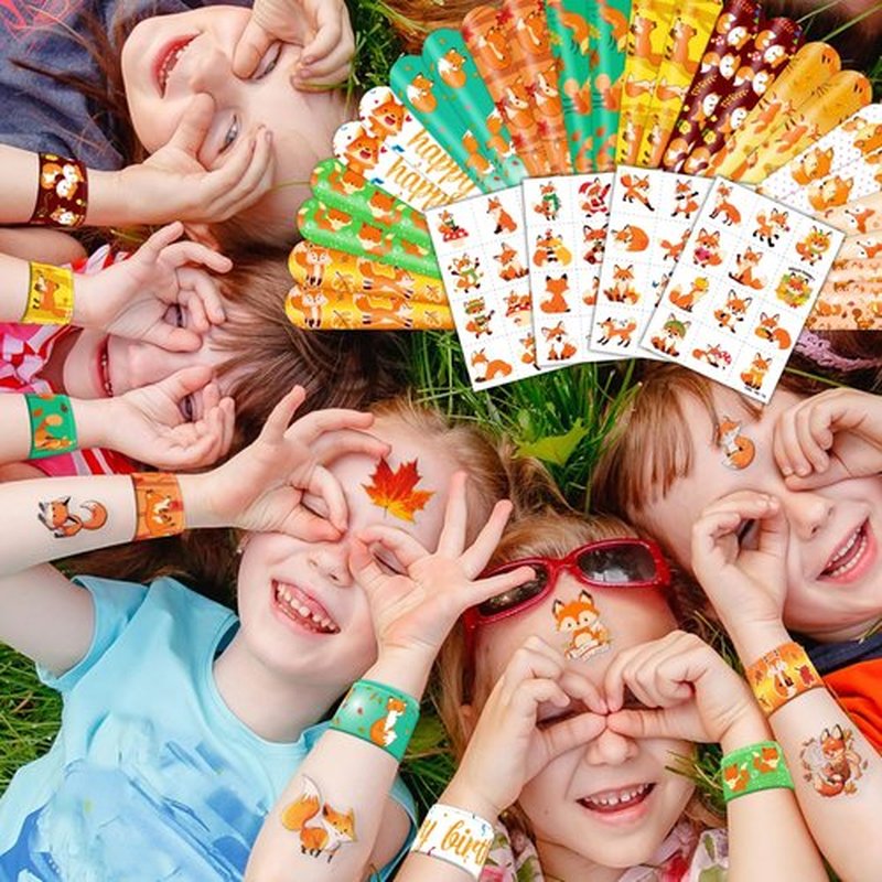 72 PCS Fox Party Set - 24 PCS Temporary Tattoos & 24 PCS Slap Bracelets - Fun Fox-Themed Gifts for Kids, Girls, Boys - Perfect for Birthday Parties, Baby Showers, Classroom Rewards, Party Decorations