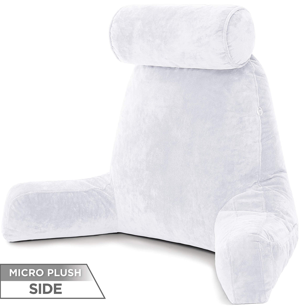 Husband Pillow XXL Reading & Bed Rest Pillows - Premium Memory Foam Backrest Pillow with Arms & Neck Roll - Aspen Edition White Dandelion - Reversible 2 Sided Cover with Plush Microfiber and Suede
