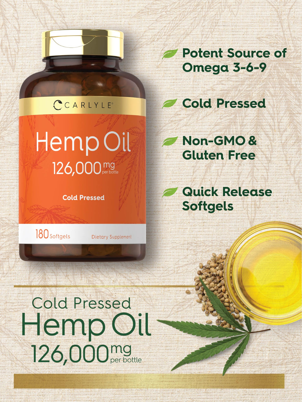 Carlyle Hemp Oil Softgel Capsules | 126,000 mg | 180 Count | Cold Pressed Supplement | Non-GMO and Gluten Free Formula