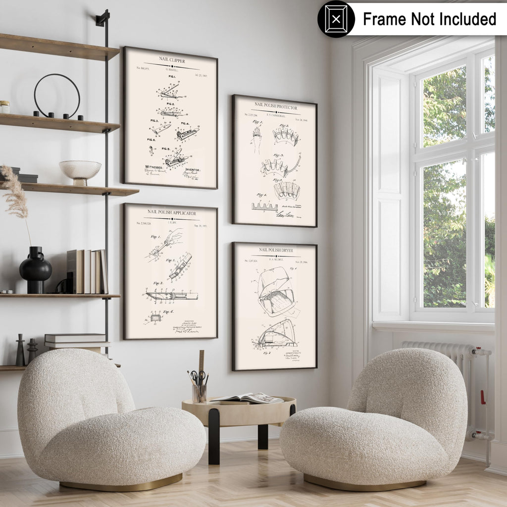 Poster Master 4-Piece Nail Polish Protector Patent Print - Nail Clipper Blueprint Poster - Polish Applicator & Dryer Art - Technical Drawing Wall Design - Salon Decor - 8x10 UNFRAMED Wall Art
