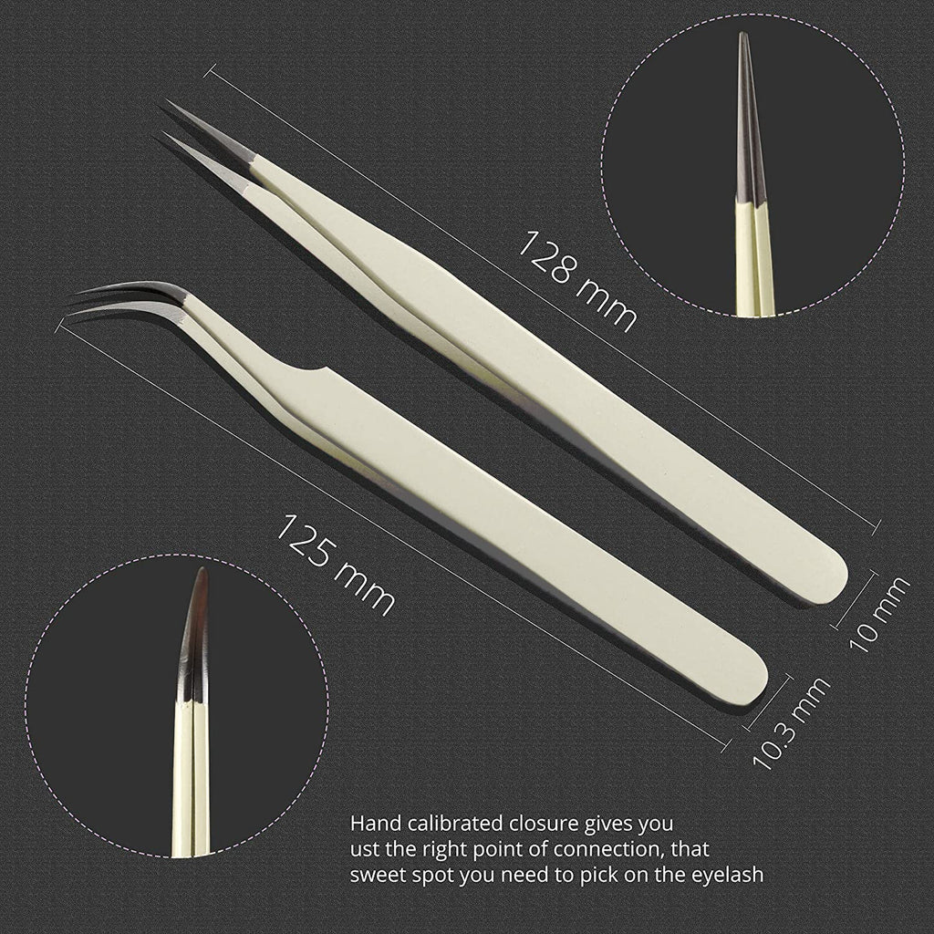 SIVOTE Lash Tweezers for Eyelash Extensions, Hand Calibrated Straight & Curved Tip, Pack of 2, Vanilla